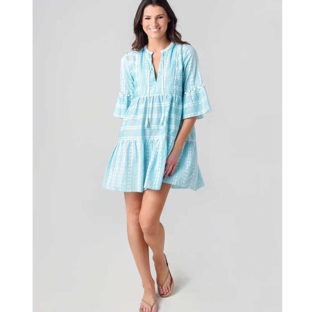 SAYLOR Rhoda Dress XS Blue Embroidered Cotton Tiered Mini Boho Tassel
